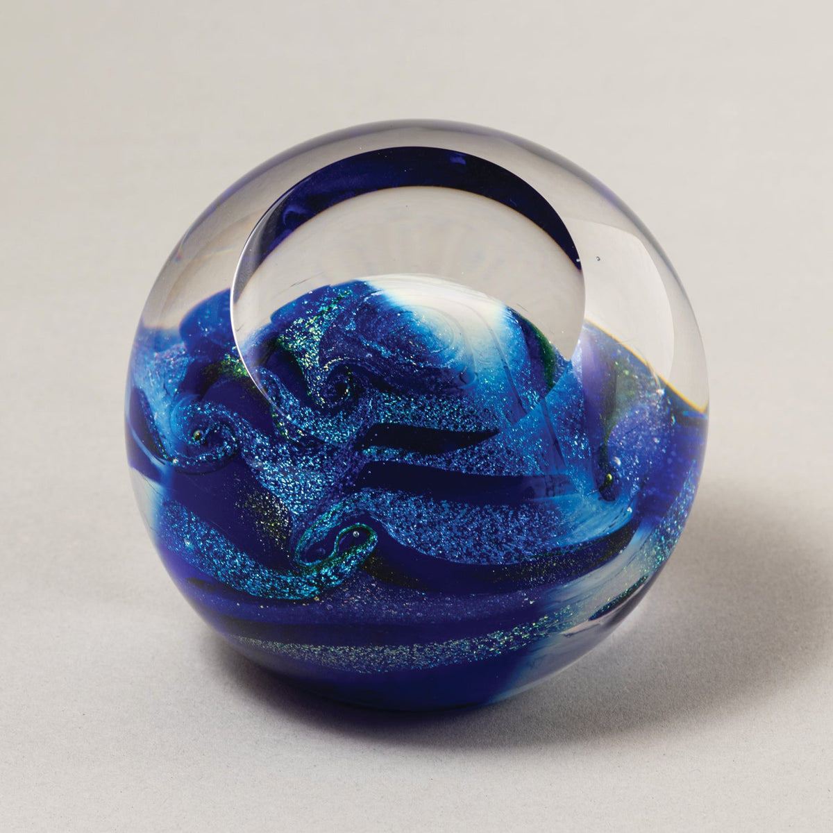Celestial Blue Planet Handblown Glass Paperweight by Glass Eye Studio