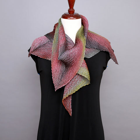 Shibori Silk Zigzag Scarf in Olive and Mauve by Cathayana