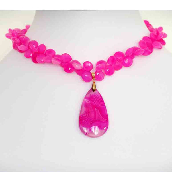 Bright pink agate layered gemstone artisan handmade necklace at ₹2950 |  Azilaa