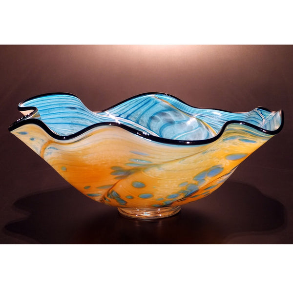 Large Blue Swirl Molten Glass Fruit Bowl: Handmade - Decora Loft